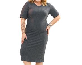 Vestido Bstar Adulto Extra Grande Manga Curta Viscolycra Canelada Decote V Midi
