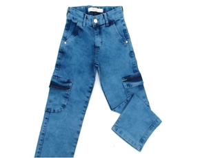 Calça Perbol Infantil Feminina Jeans Lycra Wide Leg Bolso Cargo