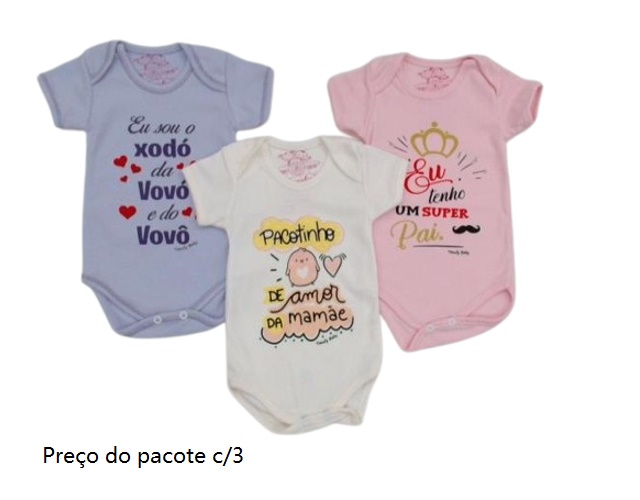 Body Timufy Bebe Feminina Manga Curta Suedine Frases (c/3)