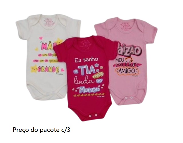 Body Timufy Bebe Feminina Manga Curta Suedine Frases(c/3)