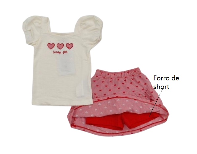 Conjunto Angero Infantil Feminina Manga Curta Malha Trabalhada Saia