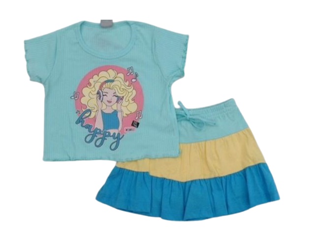 Conjunto Pimentinha Infantil Feminina Manga Curta Malha Canelada Saia