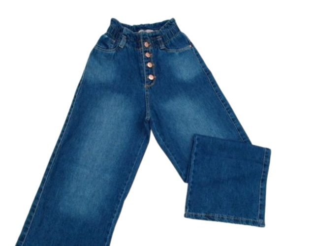 Calça Nacional Juvenil Feminina Jeans Wide Leg Botões