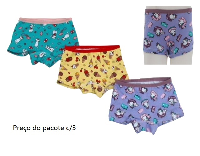 Calcinha-boxer Kellynha Infantil Cotton Estampado (c/3)