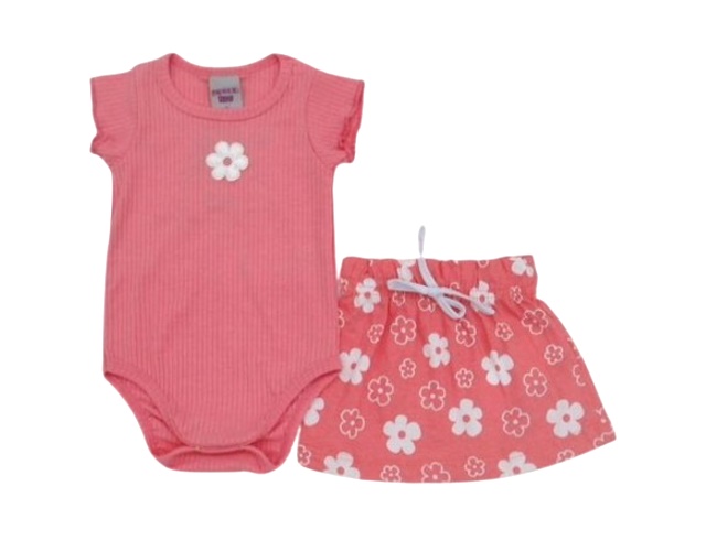 Conjunto Pimentinha Bebe Feminina Manga Curta Malha Canelada Saia