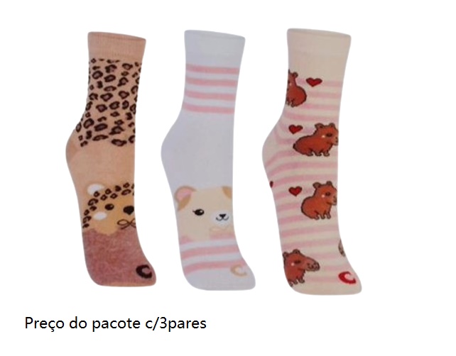 Meia Centopé Adulto Feminina Algodão Cano Médio Zoo (c/3)