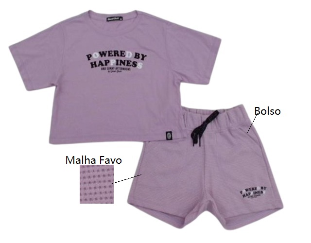 Conjunto Sweetchild Infantil Feminina Manga Curta Malha Cropped Shor
