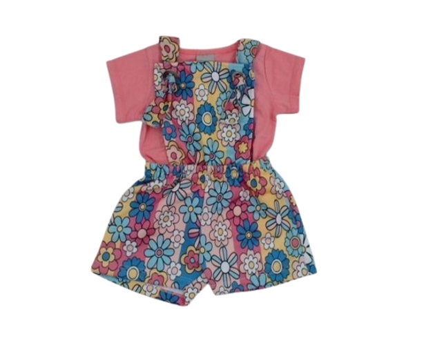 Jardineira Pimentinha Primeiros Passos Feminina Manga Curta Moletinho