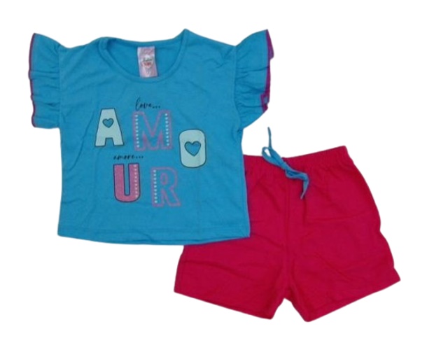 Conjunto Fashionk Infantil Feminina Manga Curta Malha Cropped Short