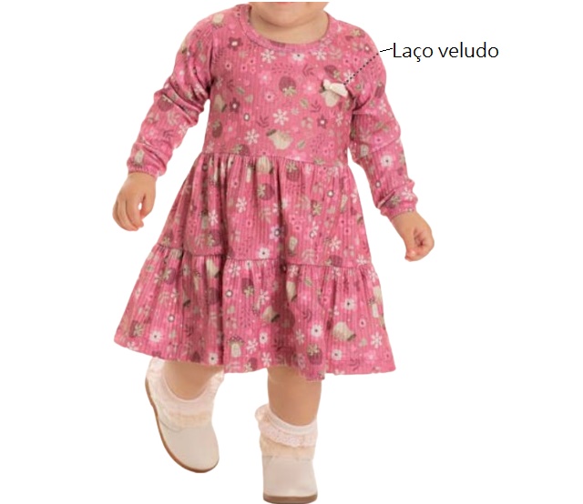 Vestido Pimentinha Primeiros Passos Manga Longa Malha Canelada Sublim