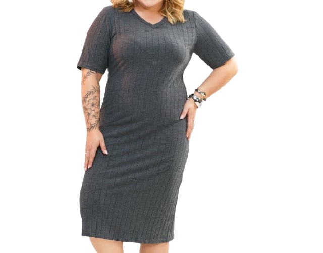 Vestido Bstar Adulto Extra Grande Manga Curta Viscolycra Canelada Decote V Midi