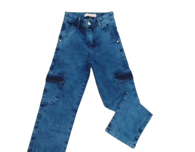 Calça Perbol Juvenil Feminina Jeans Lycra Wide Leg Bolso Cargo