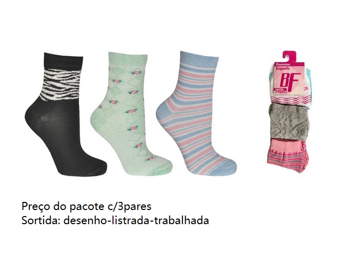 Meia Bf Adulto Feminina Algodão Soquete Sortida (c/3)