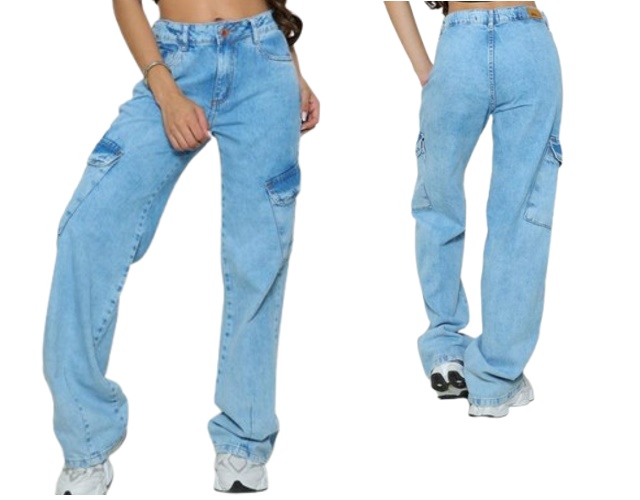 Calça Gilas Juvenil Feminina Jeans Bolso Cargo Wide Leg