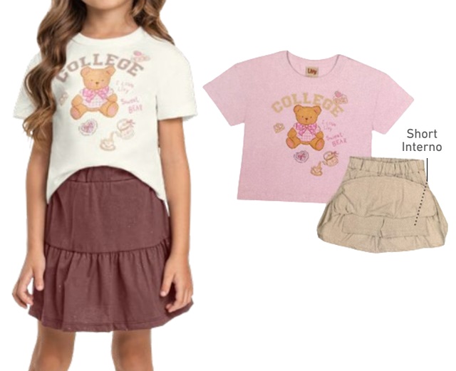 Conjunto Livy Infantil Feminino Manga Curta Malha Saia