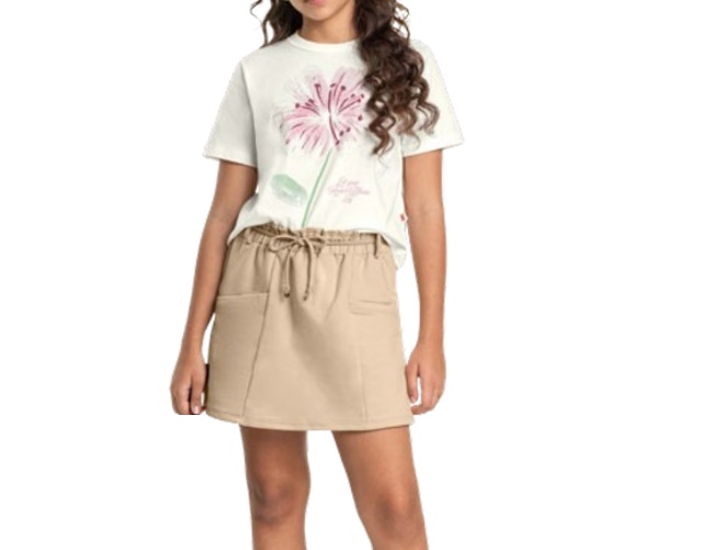 Conjunto Livy Juvenil Feminino Manga Curta Malha Cropped Short-saia