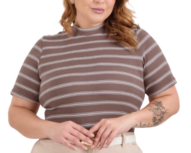 Blusa Lecimar Adulto Extra Grande Feminina Manga Curta Malha Canelada Listrada