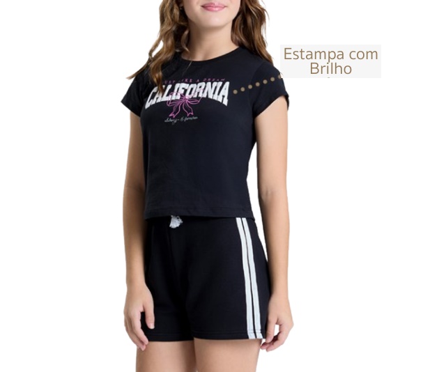Conjunto Pitiluka Juvenil Feminino Manga Curta Malha Cropped Short