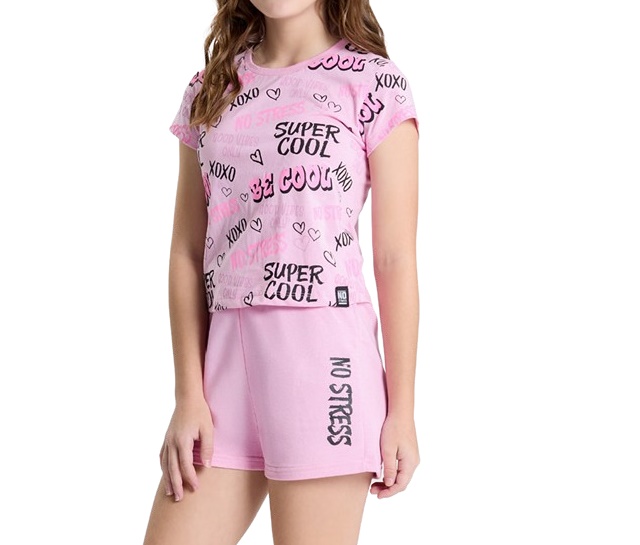 Conjunto Pitiluka Juvenil Feminino Manga Curta Malha Cropped Short
