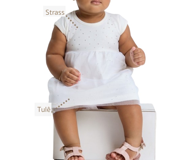 Vestido Pitiluka Bebe Manga Japonesa Cotton Strass Tule