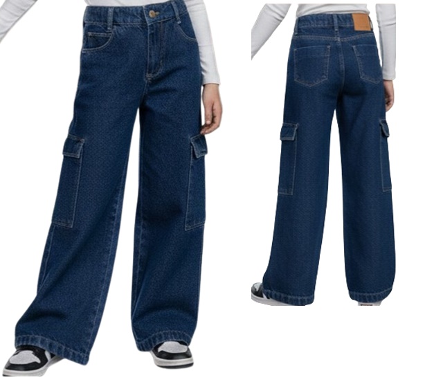Calça Maliinha Infantil Feminina Jeans Wide Leg Bolso Cargo