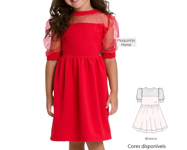 Vestido Viston Infantil Manga Curta Jacquard Tule Com Glitter