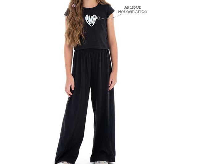 Conjunto Jaki Infantil Feminino Manga Japonesa Malha Canelada Wide Leg