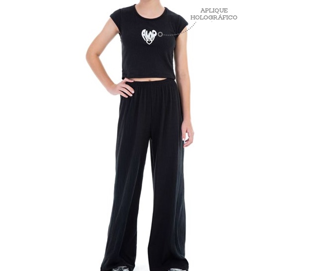 Conjunto Jaki Juvenil Feminino Manga Japonesa Malha Canelada Wide Leg