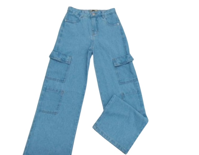 Calça Pty Juvenil Feminina Jeans Wide Leg Bolso Cargo