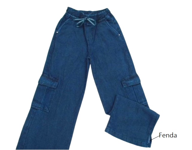 Calça Pty Juvenil Feminina Jeans Wide Leg Bolso Cargo Cós Elást