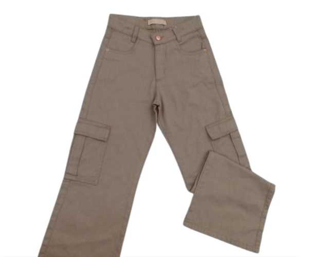 Calça Perbol Juvenil Feminina Sarja Wide Leg Bolso Cargo