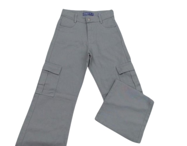 Calça Perbol Juvenil Feminina Sarja Wide Leg Bolso Cargo