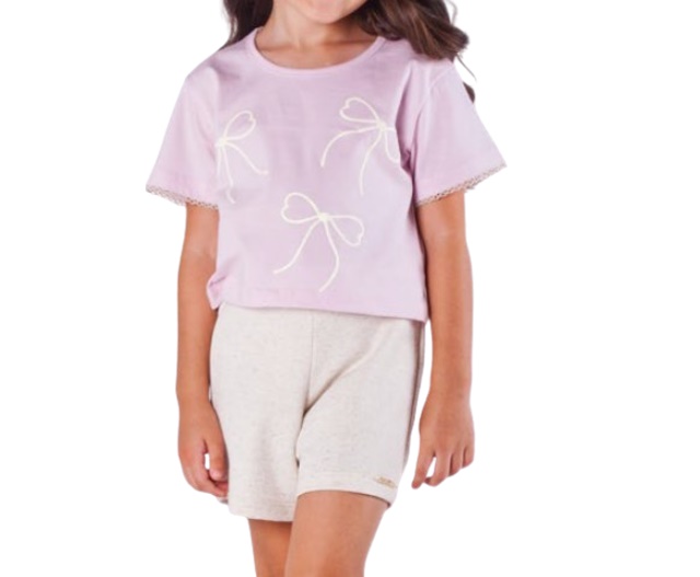 Conjunto Minhaflor Infantil Feminino Manga Curta Malha Cropped Short