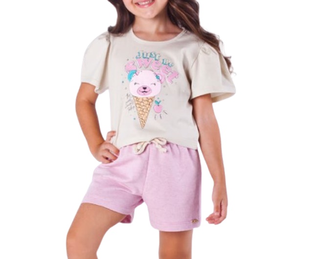 Conjunto Minhaflor Infantil Feminino Manga Curta Malha Cropped Short