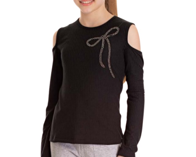 Blusa Pk Juvenil Feminina Manga Longa Malha Canelada Recorte Ombro