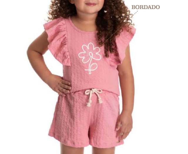 Conjunto Babyvest Infantil Feminino Manga Curta Malha Trabalhada