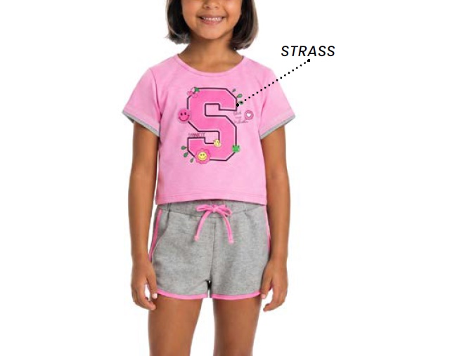 Conjunto Summercat Infantil Feminino Manga Curta Malha Cropped Short