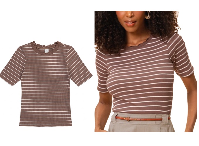Blusa Lecimar Adulto Feminina Manga Curta Malha Canelada Listrada