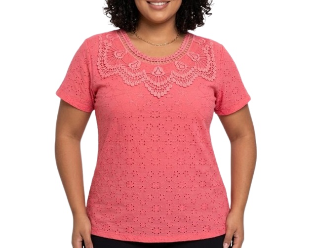 Blusa 7linhas Adulto Extra Grande Feminina Manga Curta Lese Guipir
