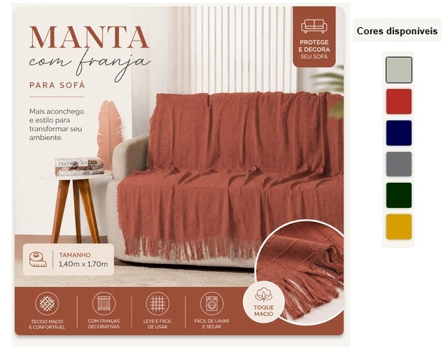 Manta Dianneli Decoraçao Algodão Com Franja 1,40mx1,70