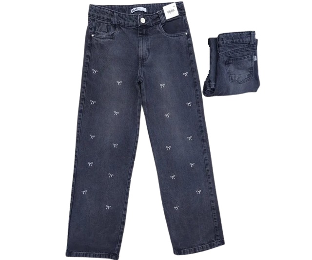 Calça Gilas Juvenil Feminina Jeans Black Wide Leg Laço