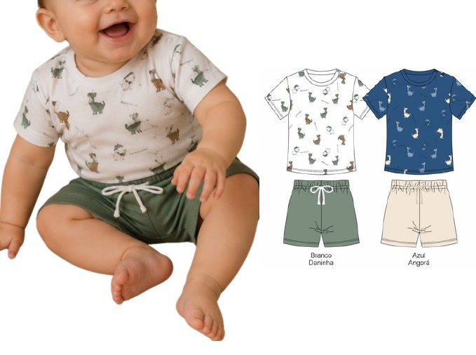 Conjunto Docefolia Bebe Masculino Manga Curta Malha Botão