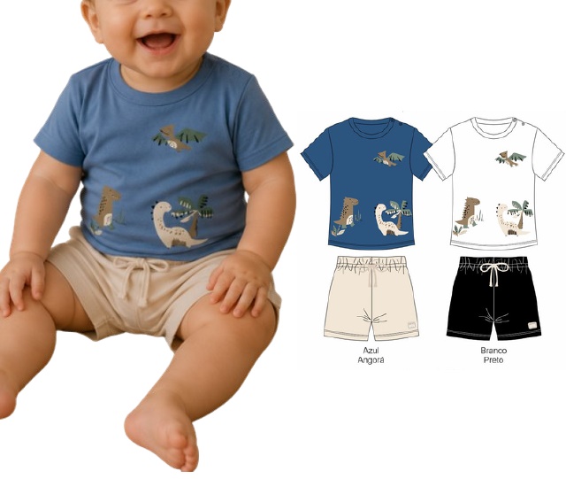 Conjunto Docefolia Bebe Masculino Manga Curta Malha Botão