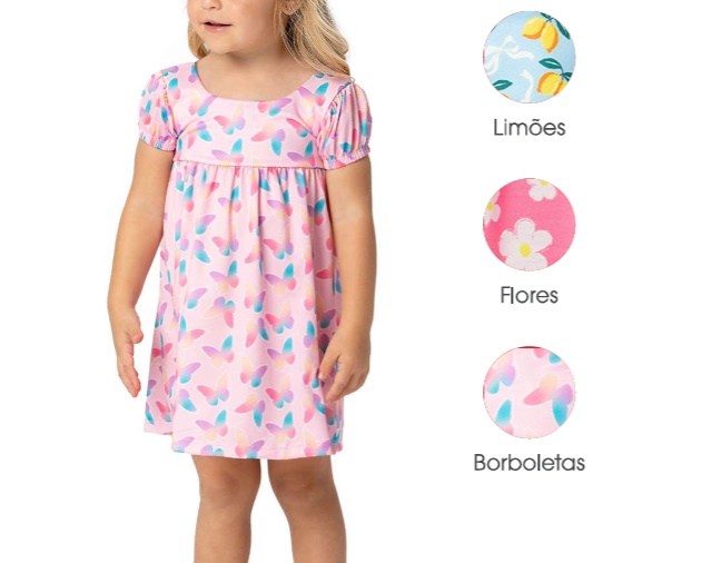 Vestido Trin Primeiros Passos Manga Curta Crepe Sublimado