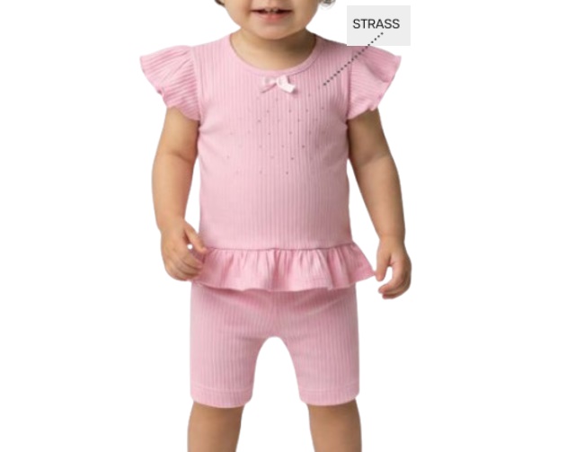 Conjunto Pimentinha Bebe Feminino Manga Curta Malha Canelada Bermu