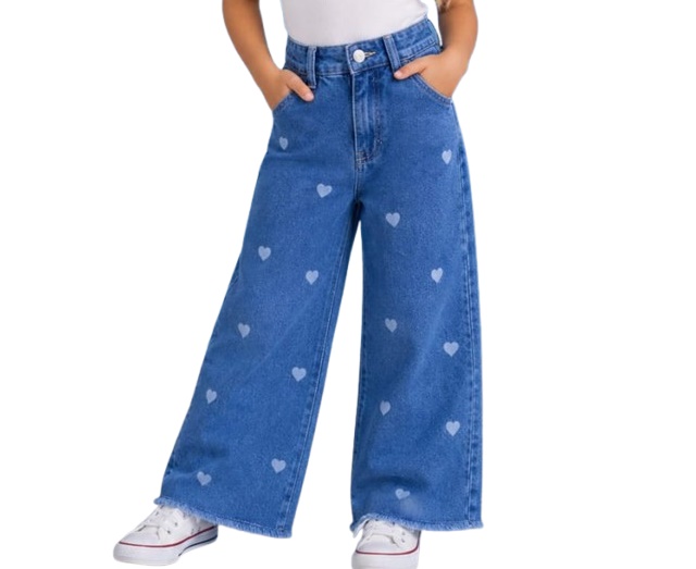 Calça Gilas Infantil Feminina Jeans Wide Leg Coração