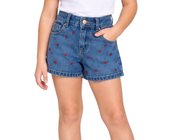 Short Gilas Infantil Feminino Jeans Bordado Coração